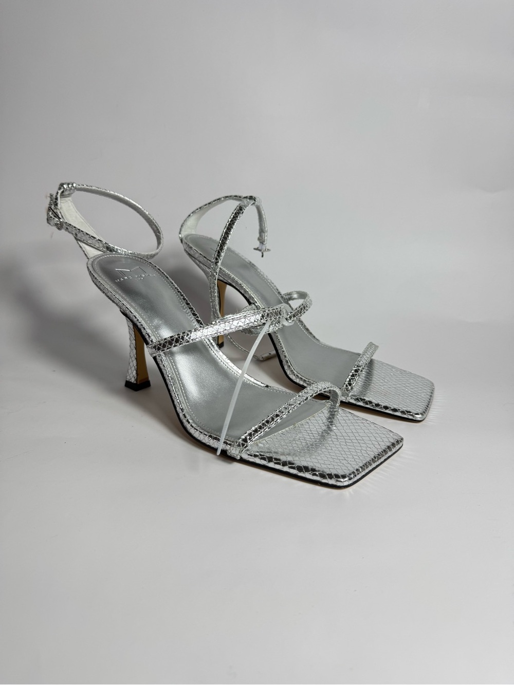 Marc Fisher Silver Metallic Snake-Print Strappy Heels